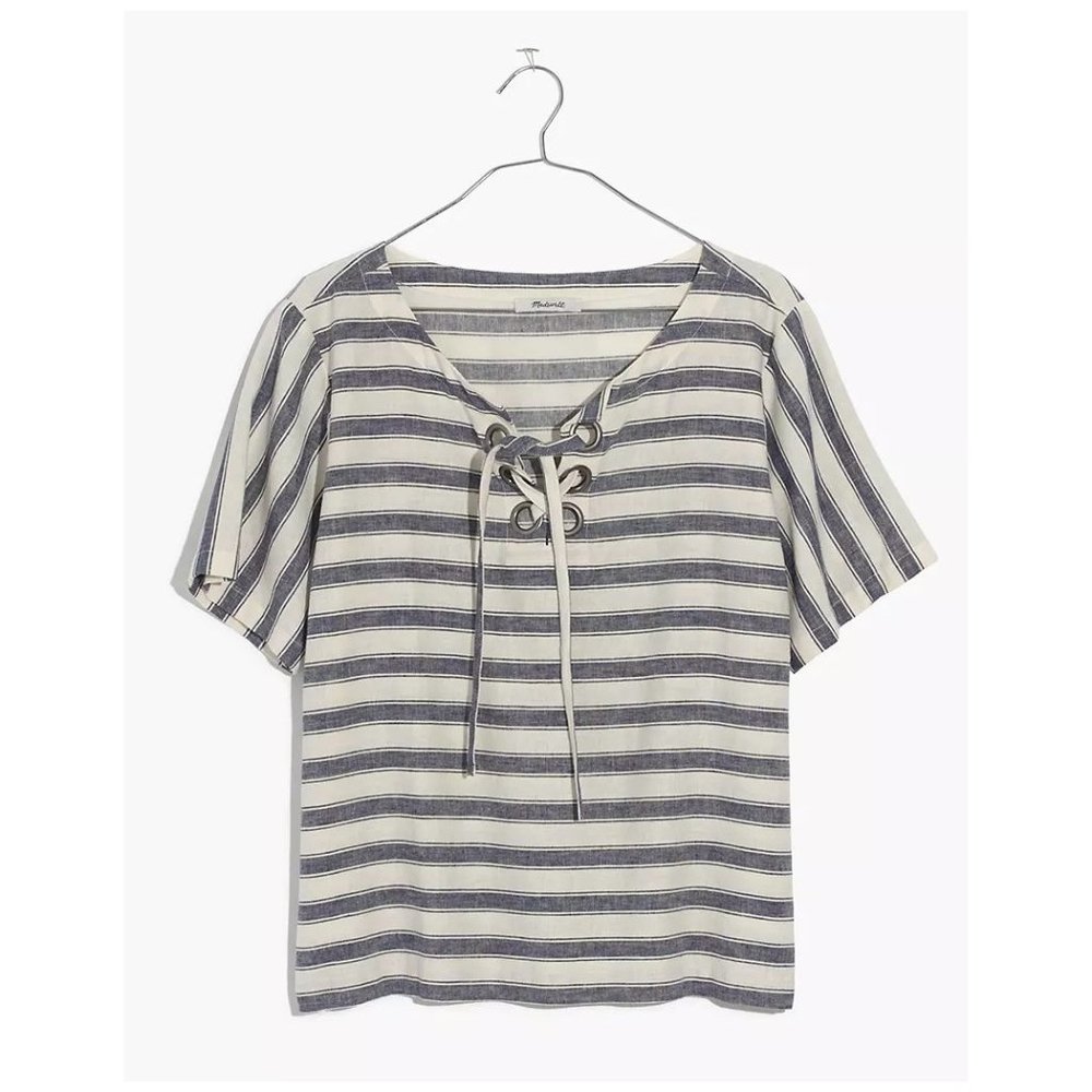 MADEWELL Striped Lace-Up Short Sleeve Top Blue Cream sz S Womens Casual Nautical